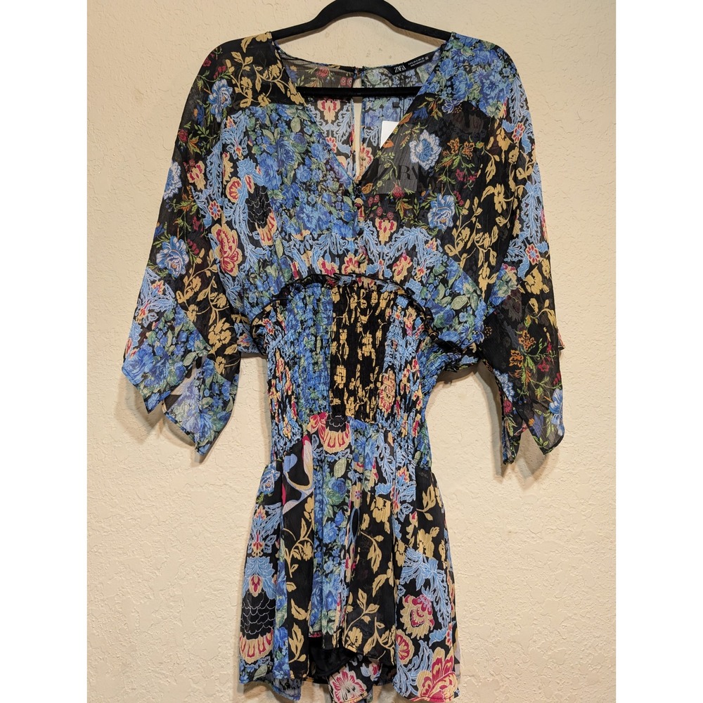 Zara Floral Mini‎ Dress Smocked Waist Kimono Sleeve Bohemian Size Small